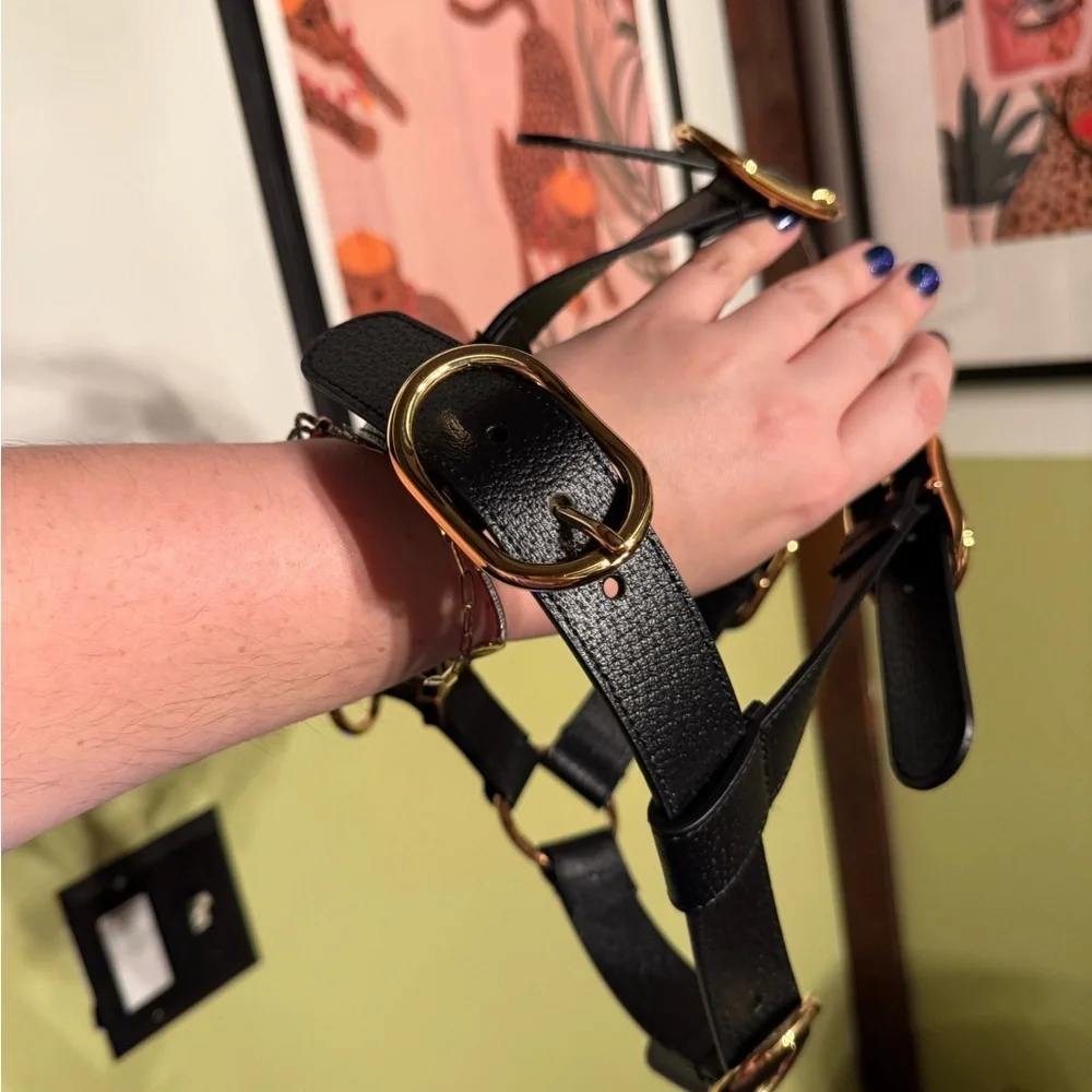 Gucci NWOT Demetra leather Black  Harness with Gold Accents